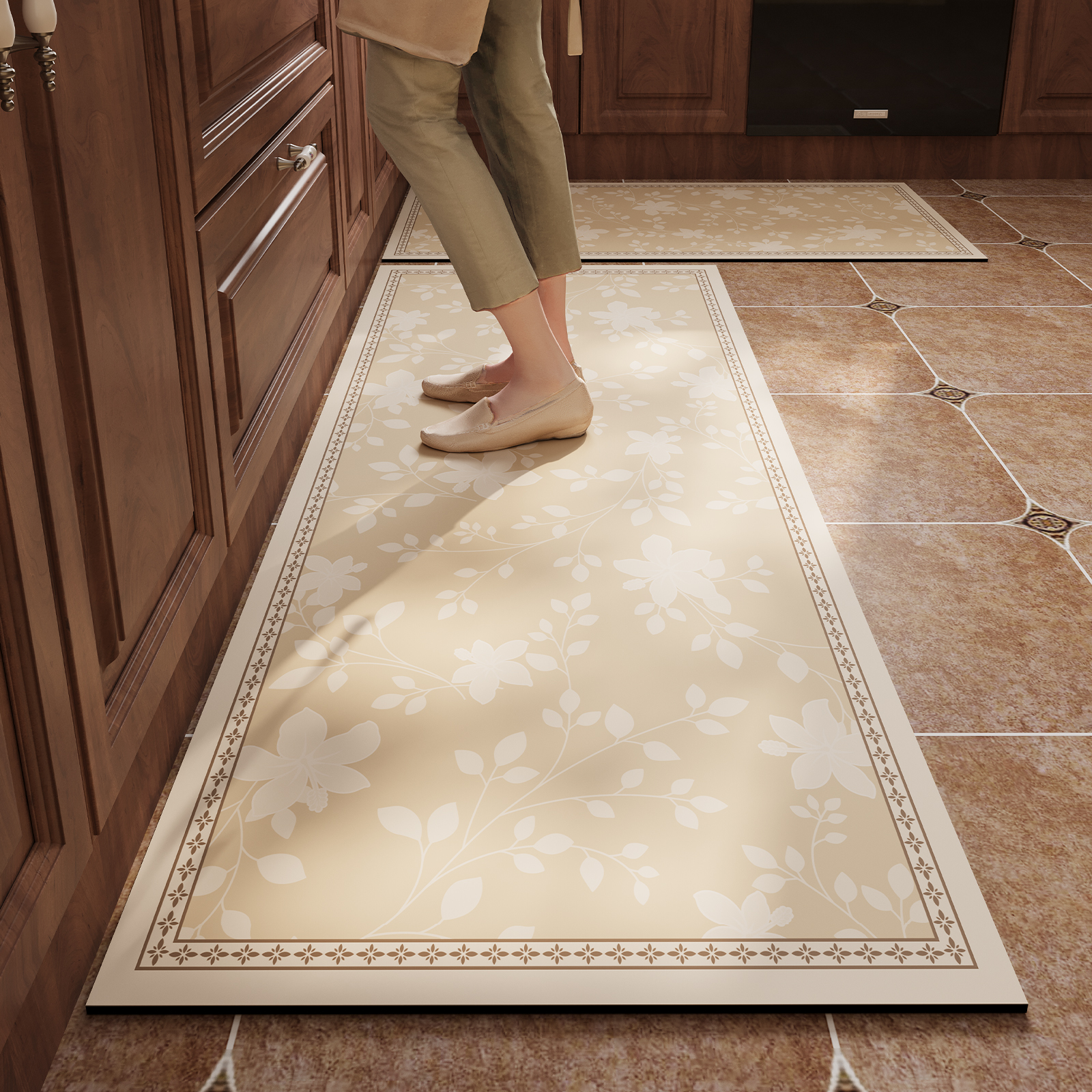 Commercial Kitchen Vinyl - ビニールカーペットキッチンフロアマット用PVCレザー防水耐油ロングラグ植物花家の装飾滑り止めフットマット