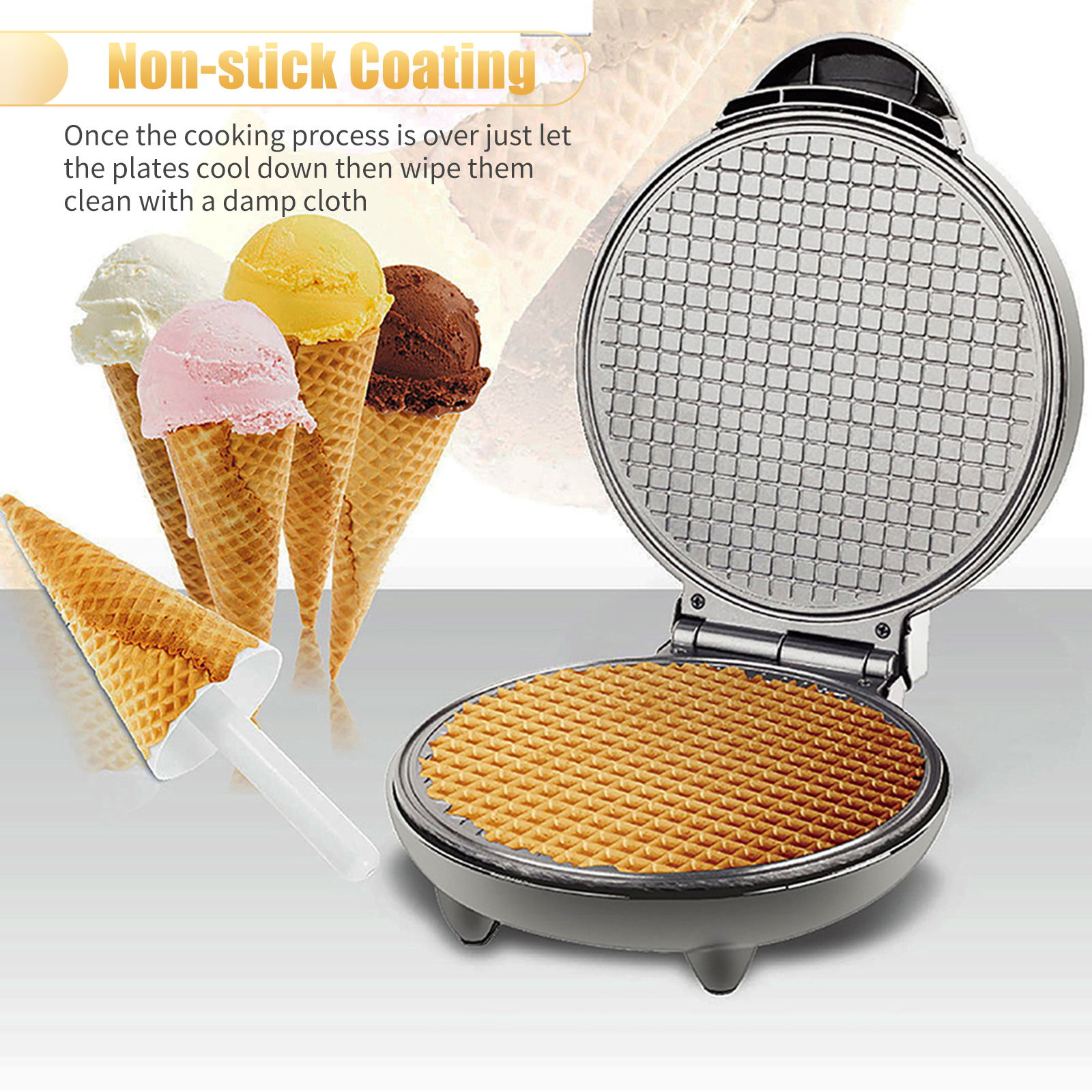 Rotary Bakery Oven - 1200W ワッフルメーカー ノンスティックベーキングアイロンマシン ステンレス鋼電気アイスクリームコーンメーカー 多機能朝食マシン