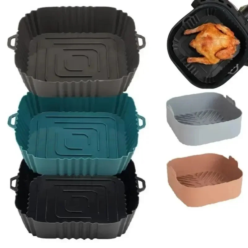 Commercial Kitchen Pans - 1PC シリコンエアフライヤーバスケット、ピザフライドチキンベーキングアクセサリー用のラウンドスクエア再利用可能なパンライナー