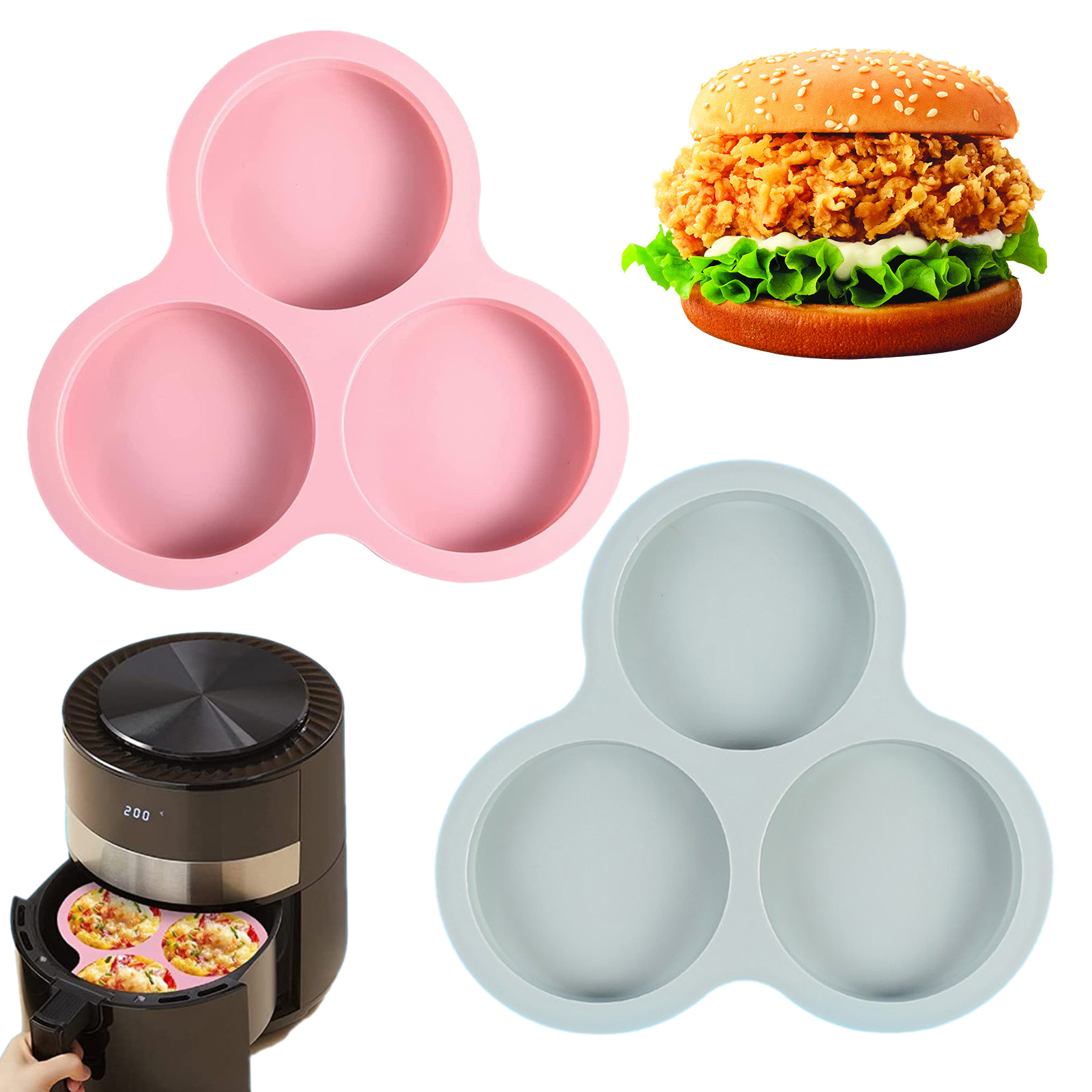Commercial Kitchen Pans - シリコンエアフライヤーモールド、3キャビティ、焦げ付き防止パン、キッチンベーキング、調理アクセサリー、1個、2個