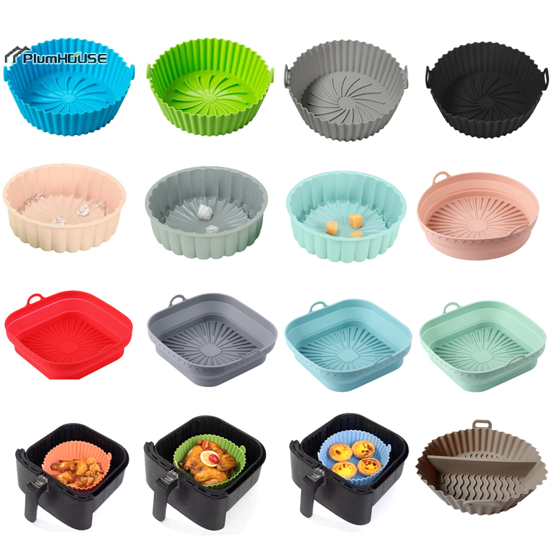 Commercial Kitchen Pans - シリコンエアフライヤーオーブンベーキングトレイ、ピザ、フライドチキンバスケットパッド、フードプレート、再利用可能なエアフライヤーパンライナー、1個