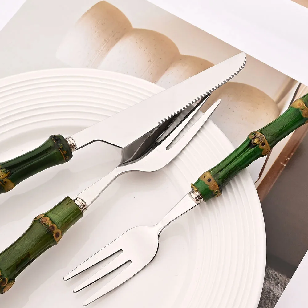 4 個天然竹ハンドル食器セットグリーンハンドルステンレス鋼カ - Commercial Kitchen Knife Set review and price