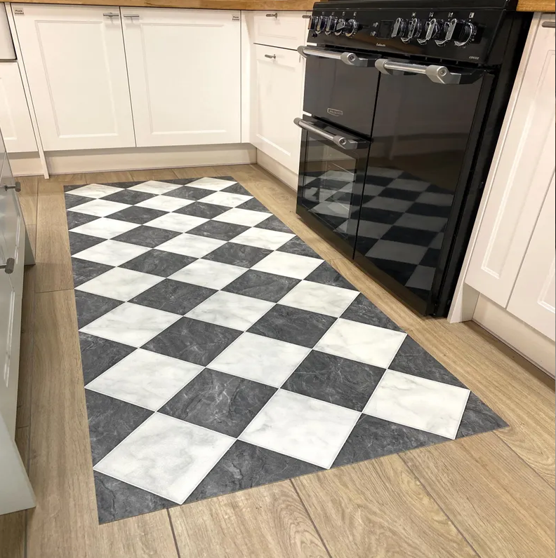 チェッカーボードビニールランナーラグ、黒と白の大理石タイルデ - Commercial Kitchen Vinyl review and price